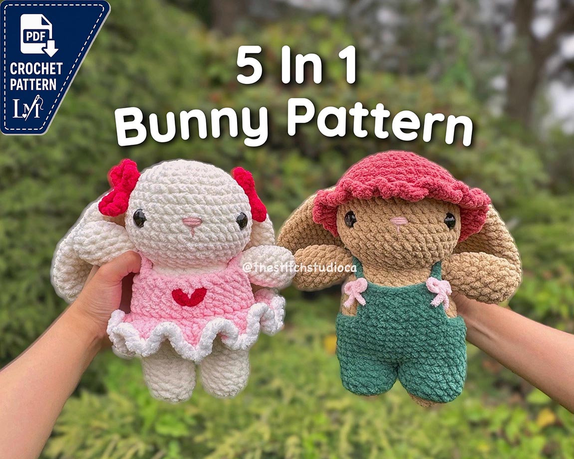 5 in 1 Bunny Plushie & Accessories Crochet Pattern SET 1 | Hat, Bows, Overalls and Dress
